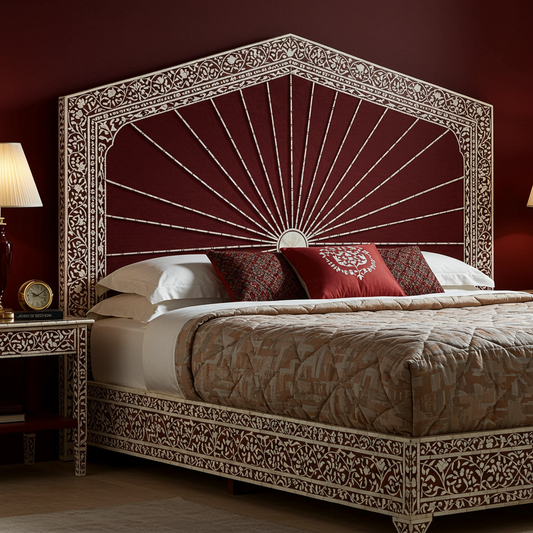 Luxury Handcrafted Inlaid Wood King Size Bed with Ornate Headboard