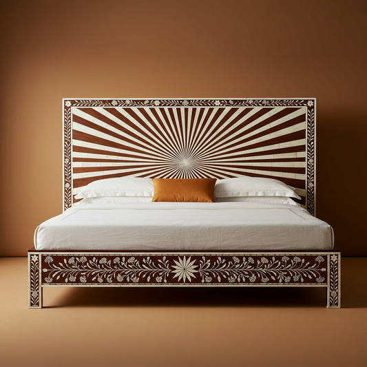 Luxury Inlaid Wood King Bed Frame with Sunburst Headboard