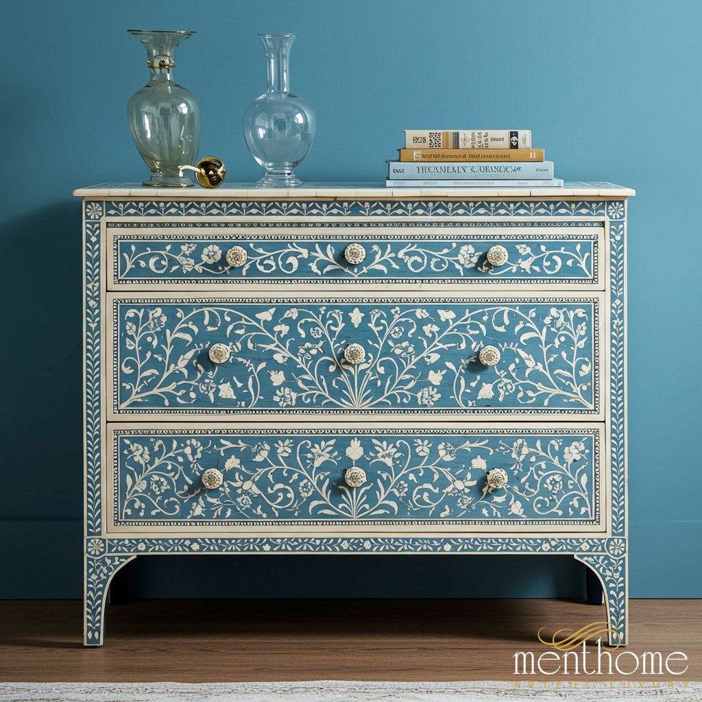 Handcrafted Blue Floral Inlay Chest of Drawers | Luxury Handmade Dresser