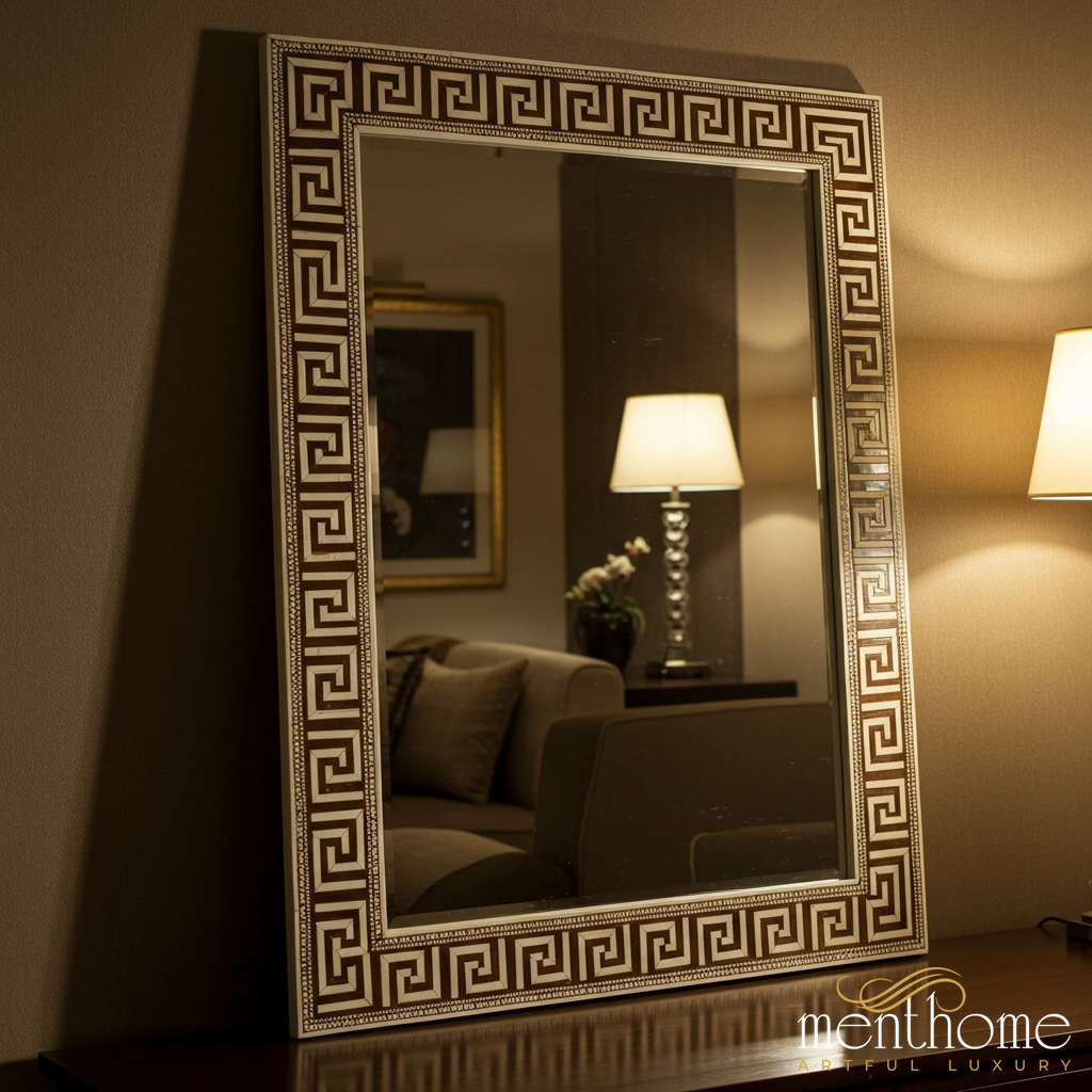 Elegant Decorative Wall Mirror with Geometric Pattern Frame | Luxury Handmade Mirror