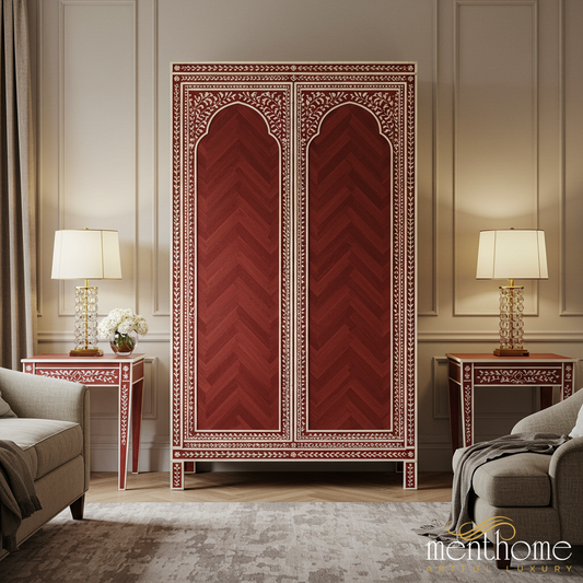 Elegant Red Embossed Wooden Wardrobe with Matching Nightstands | Luxury Handmade Wardrobe