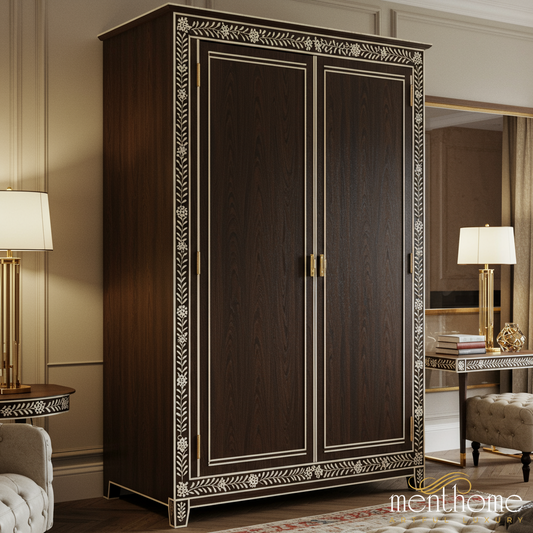 Elegant Dark Wood Wardrobe with Intricate Floral Inlay | Luxury Handmade Wardrobe