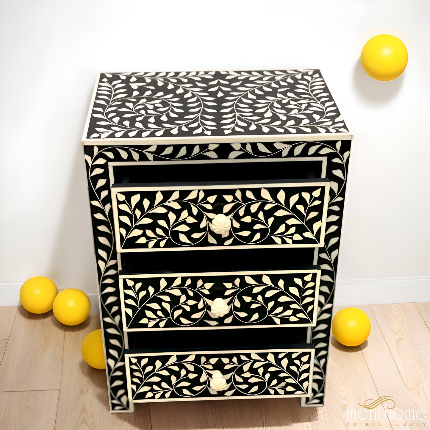 Leaf Design Black and White 3 Drawer Resin Bedside Table | Luxury Handmade Bedside Table