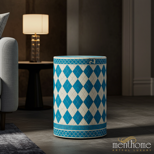 Elegant Geometric inlay Stool | Luxury Handmade Side Table