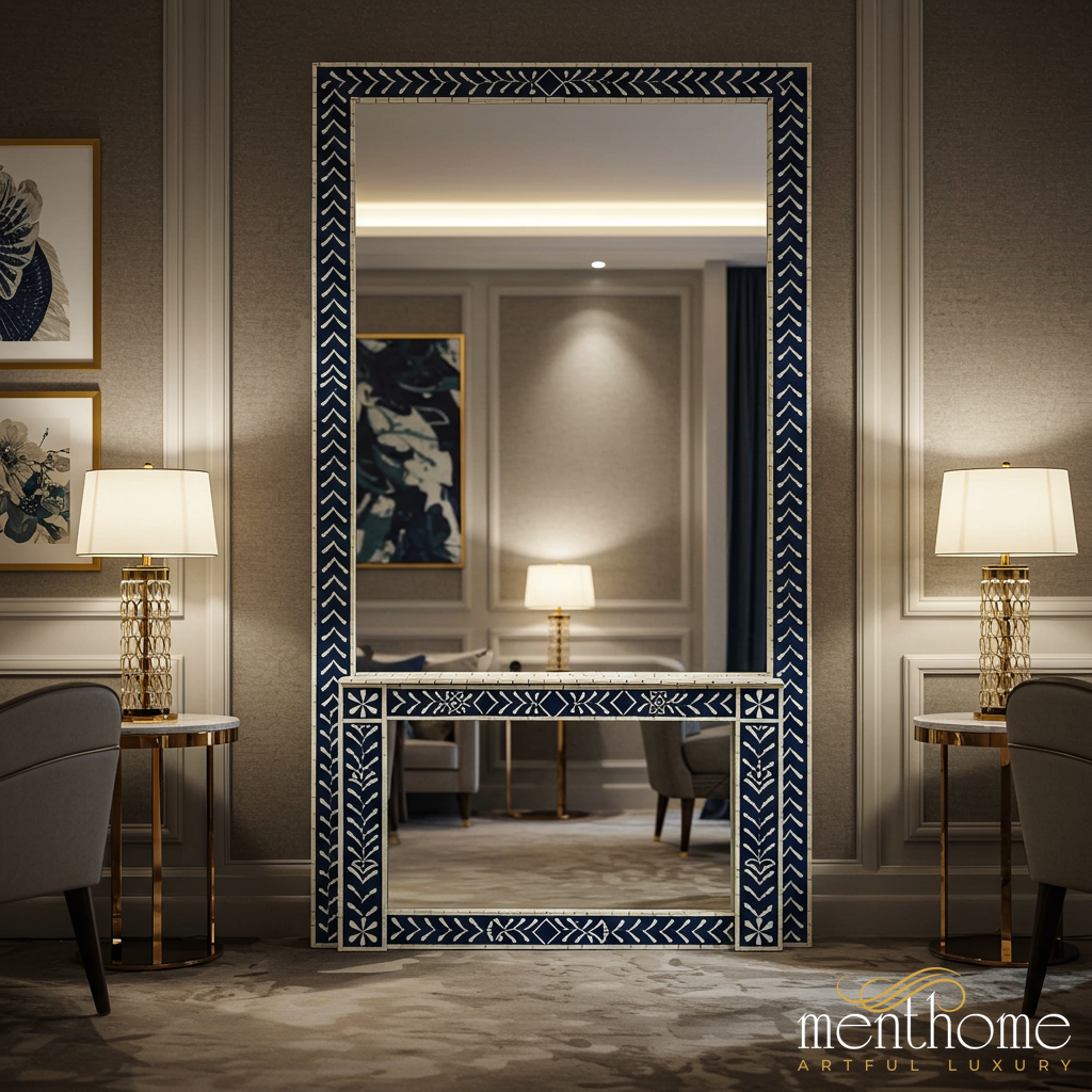 Elegant Floor Mirror with Hand-Painted Blue and White Frame | Luxury Handmade Mirror