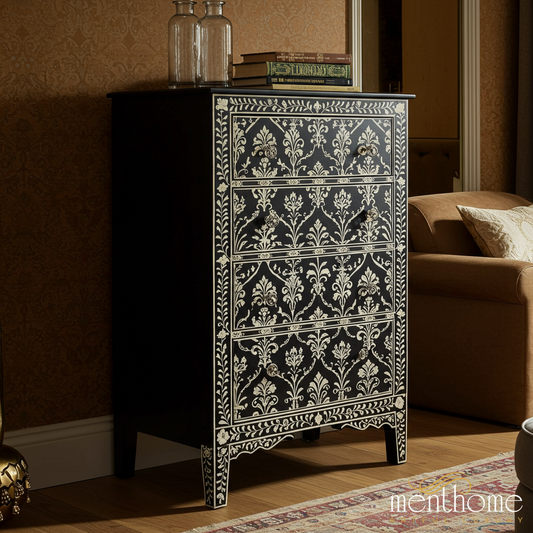 Black and White Floral Patterned Chest of Drawers | Luxury Handmade Tallboy