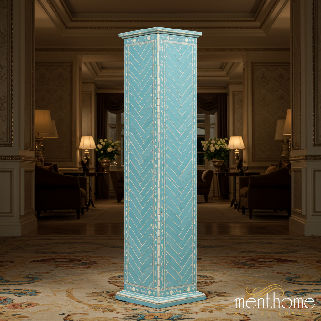 Decorative Turquoise Blue Storage Cabinet with Inlay Design | Luxury Handmade Tallboy