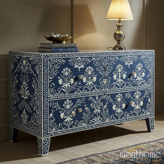 Handcrafted Blue Floral Bone Inlay Chest of Drawers | Luxury Handmade Dresser