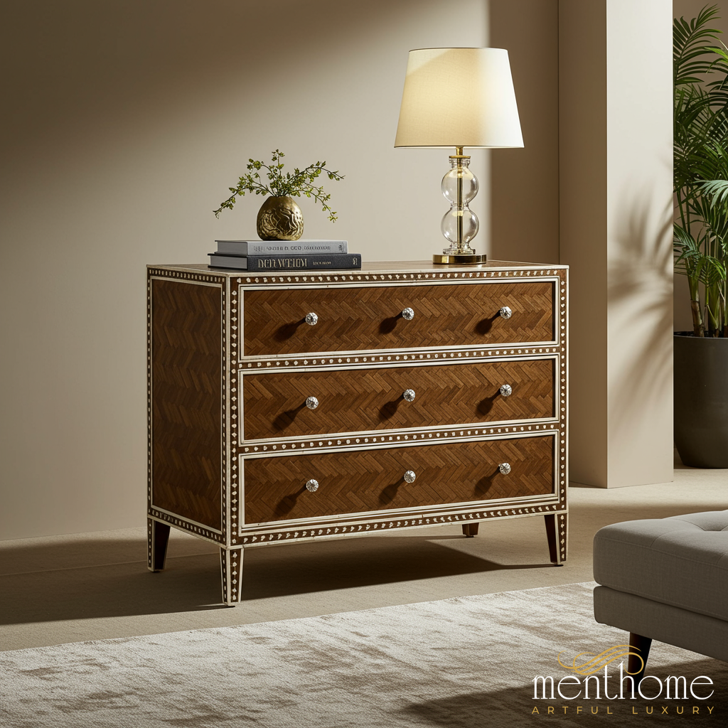 Wooden Three-Drawer Chest with Inlaid Design | Luxury Handmade Chest of Drawer
