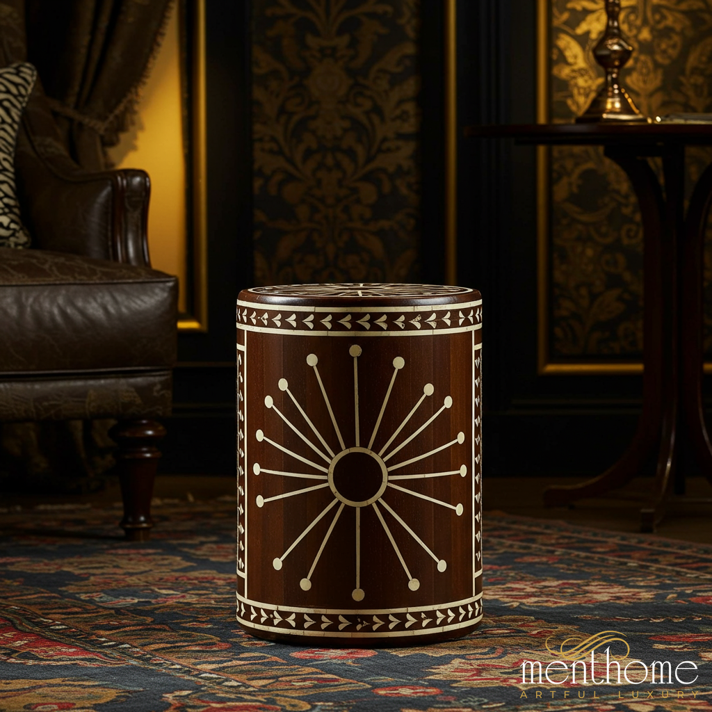 Decorative Wooden Side Table with Inlaid Design | Luxury Handmade Stool