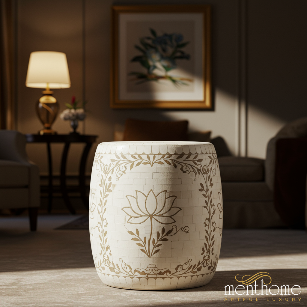 Handcrafted inlay Garden Stool with Lotus Design | Luxury Handmade Stool