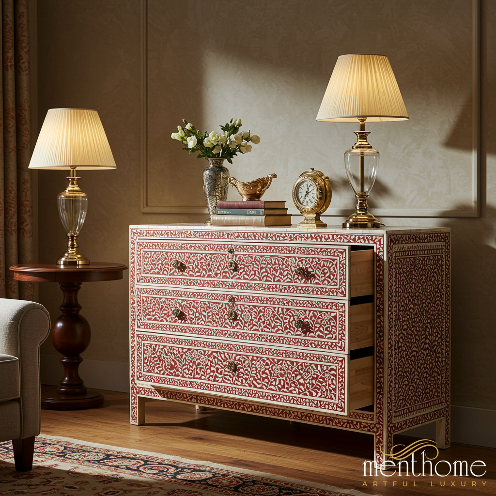 Handcrafted Inlay Wooden Dresser with Floral Pattern | Luxury Handmade Dresser