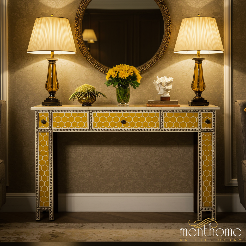 Elegant Honeycomb Pattern Console Table with Decorative Lamps | Luxury Handmade Console