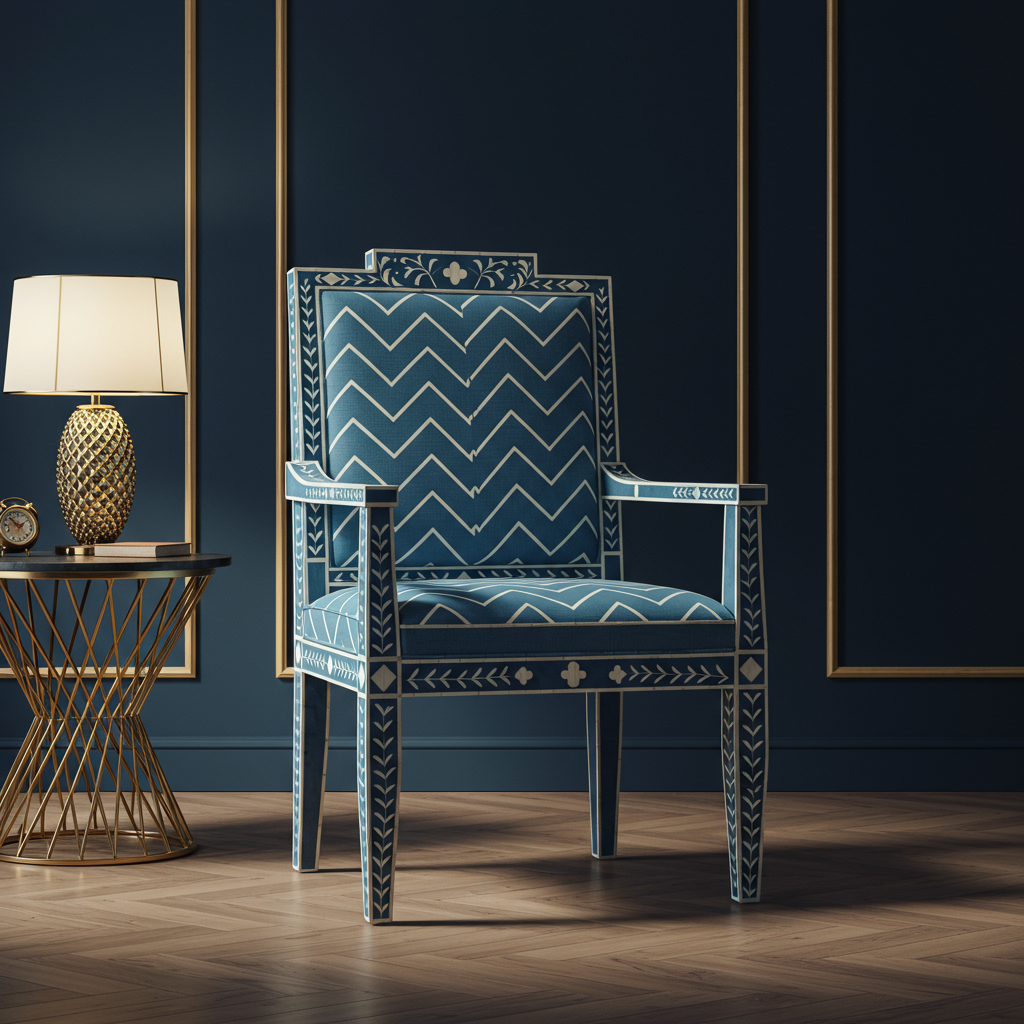 Luxury Inlay Armchair with Blue Chevron Upholstery | Luxury Handmade Chair