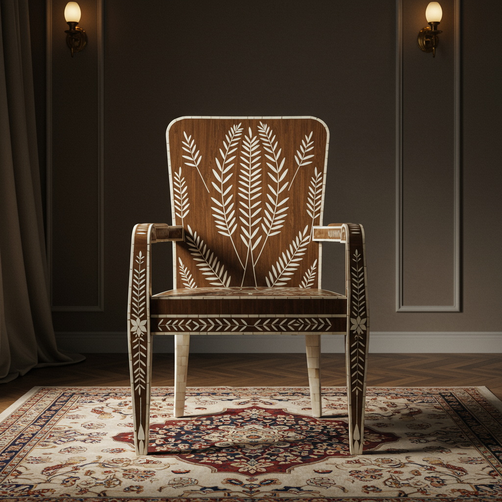 Exquisite Inlay Wooden Chair with Leaf Motif | Luxury Handmade Chair