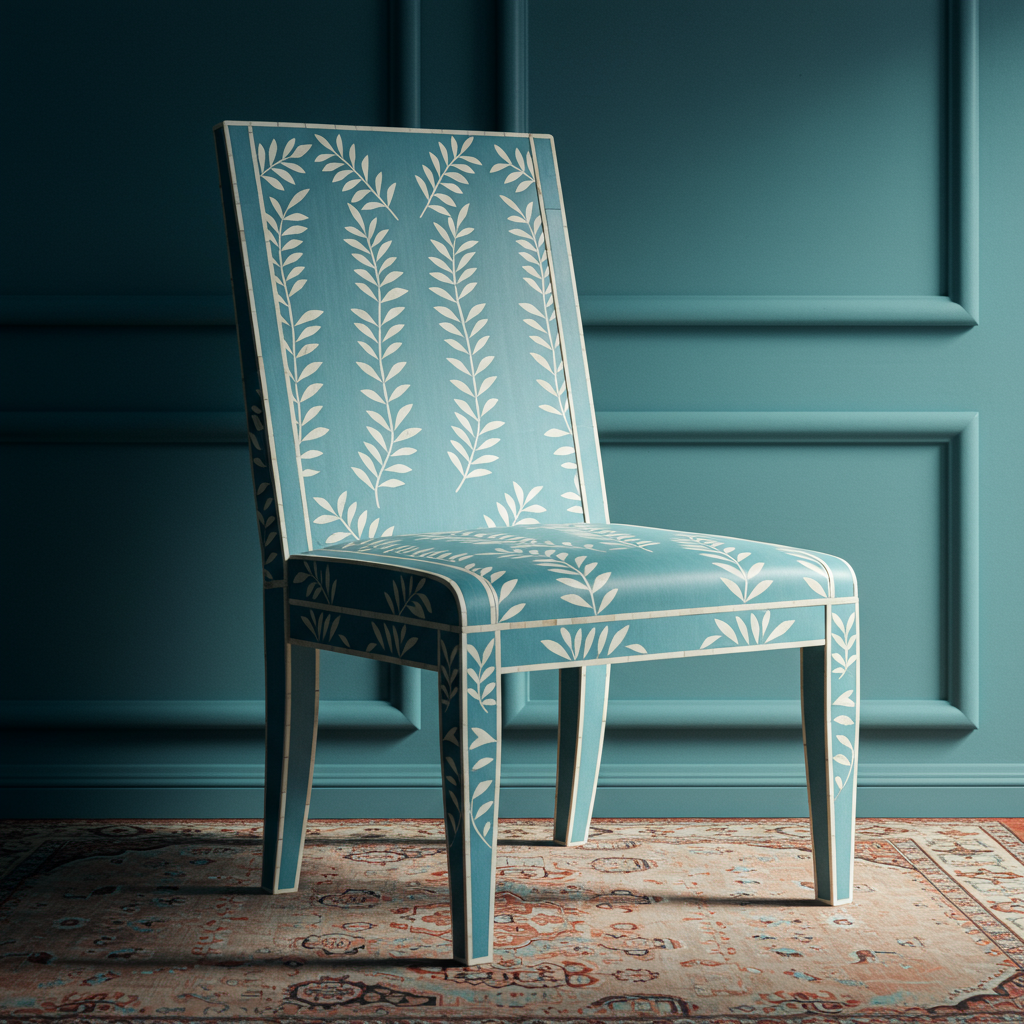 Elegant Blue Inlay Chair with Leaf Motif | Luxury Handmade Chair