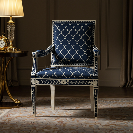 Luxury Inlay Armchair with Blue Geometric Upholstery | Luxury Handmade Chair