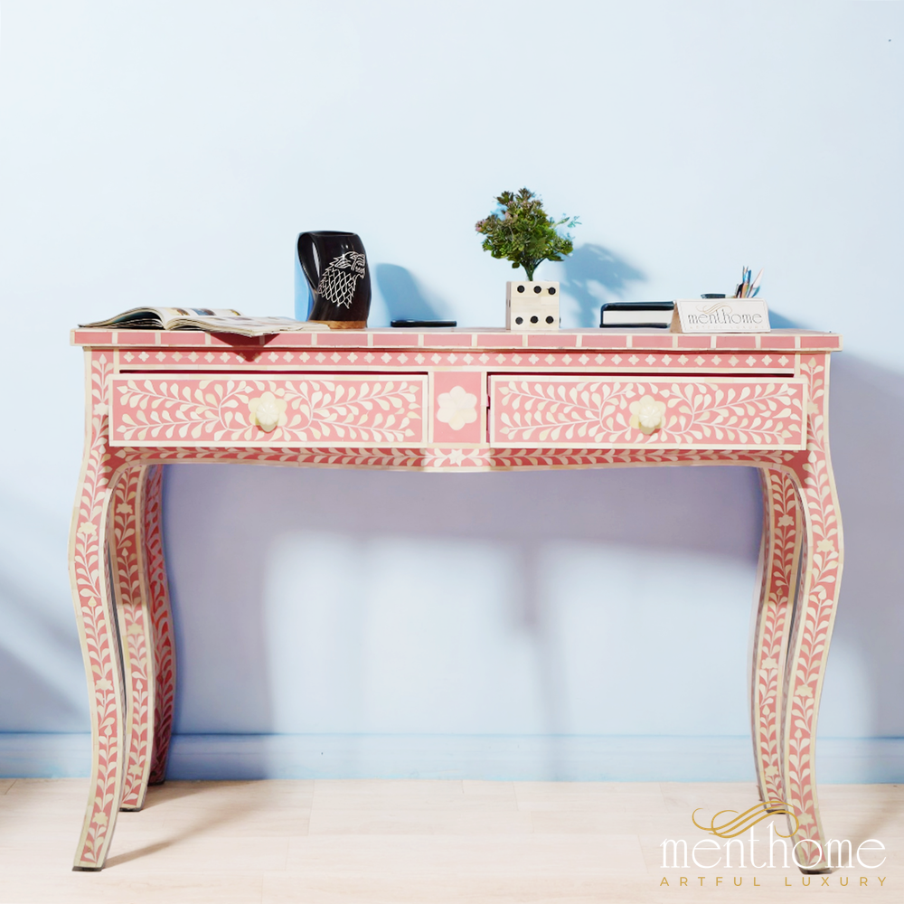 2-Drawers Pink Floral Boen Inlay Bedside Table | Luxury Handmade Bedside Table