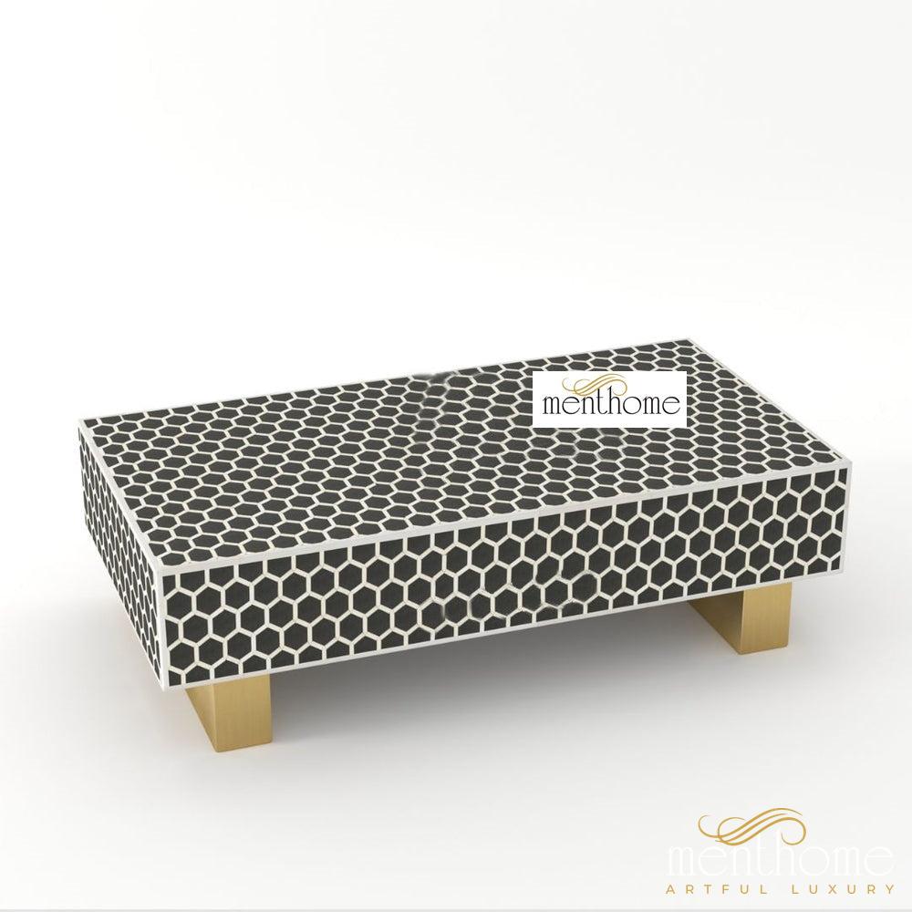 Bone Inlay Rectangular Coffee Table- Honey Comb | Luxury Handmade Coffee Table