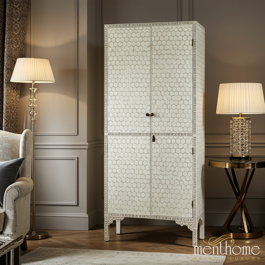 Elegant White Bone Inlay Storage Cabinet | Luxury Handmade Cabinet