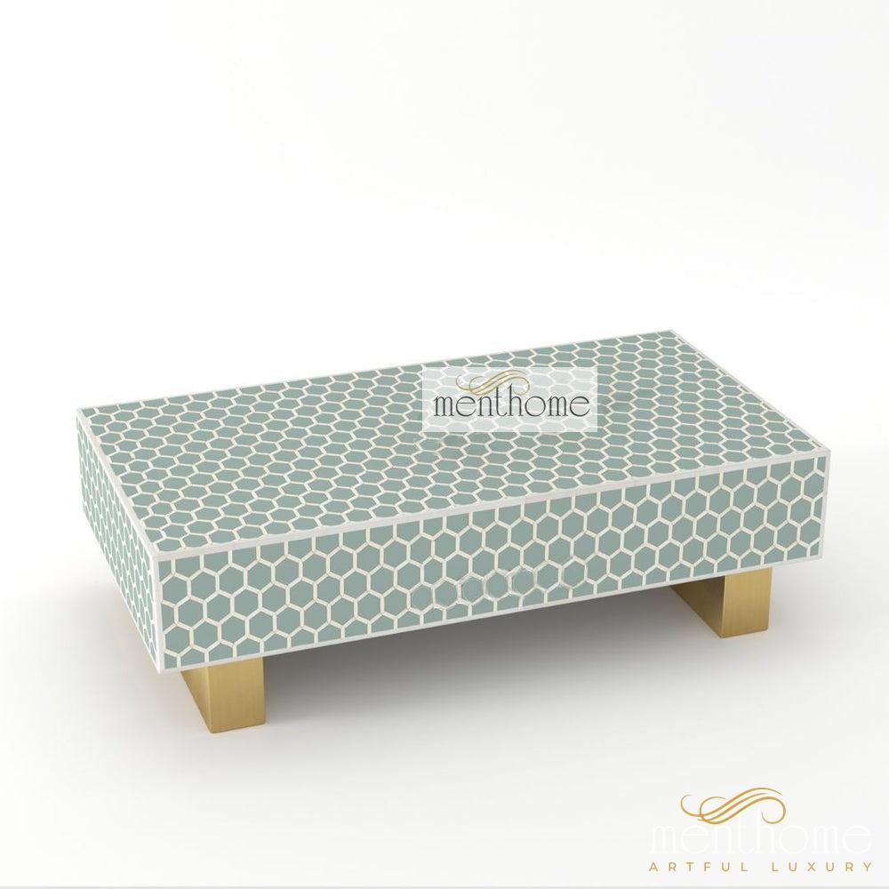Bone Inlay Rectangular Coffee Table- Honey Comb | Luxury Handmade Coffee Table