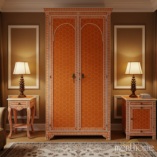 Elegant Hand-Painted Wooden Wardrobe with Side Tables | Luxury Handmade Wardrobe
