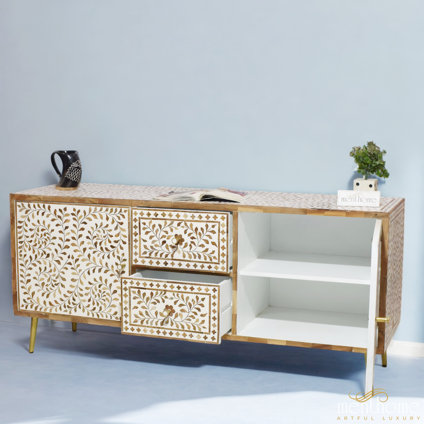 Floral wooden Inlay Entertainment cabinet | Luxury Handmade Cabinet