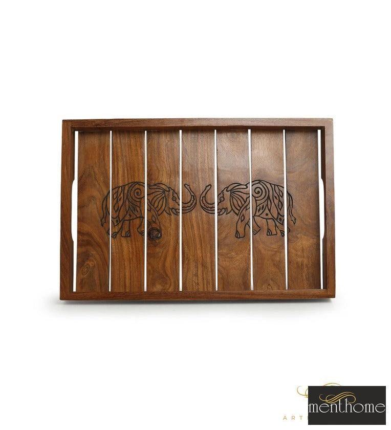 Ethereal Elephants Brown Sheesham Wood Serving Tray | Luxury Handmade Trays