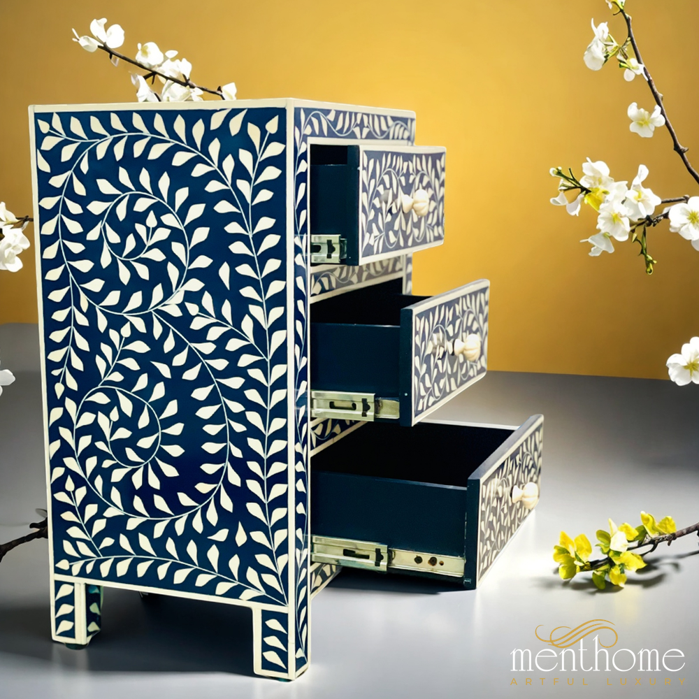Leaf Design Black and White 3 Drawer Resin Bedside Table | Luxury Handmade Bedside Table