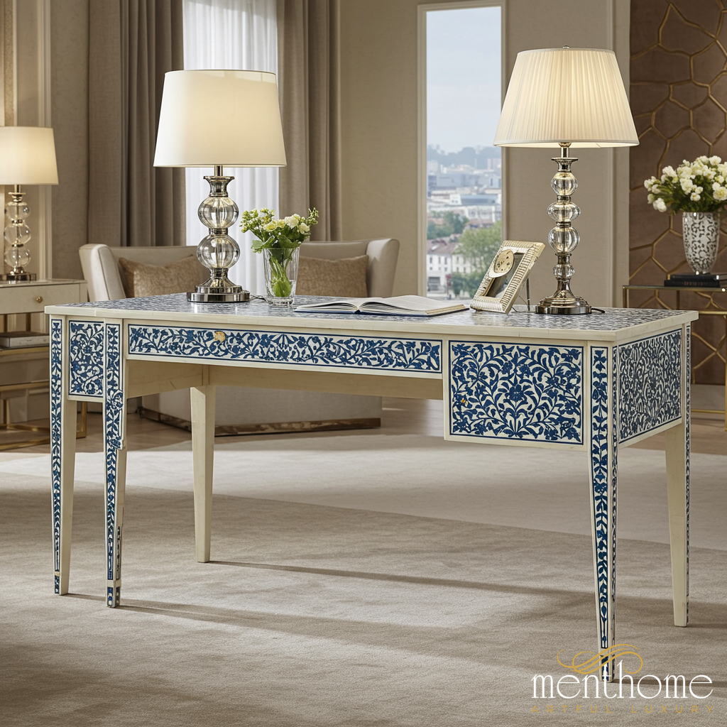 Handcrafted Pink and White Bone Inlay Desk | Luxury Handmade Desk