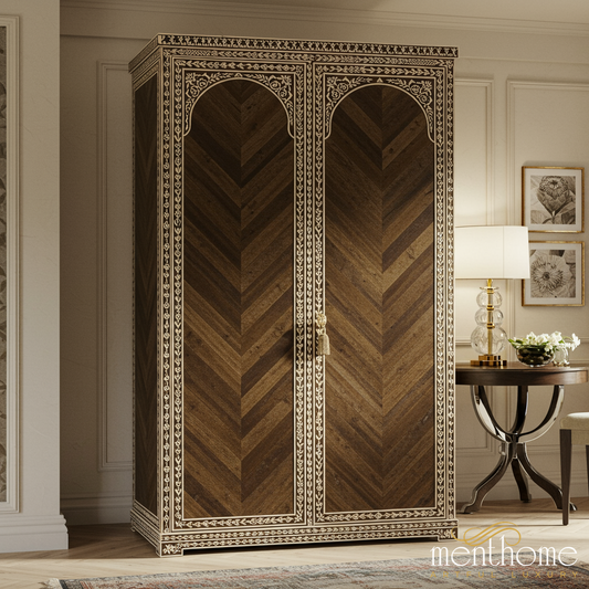 Elegant Inlaid Wooden Wardrobe with Ornate Detailing | Luxury Handmade Wardrobe