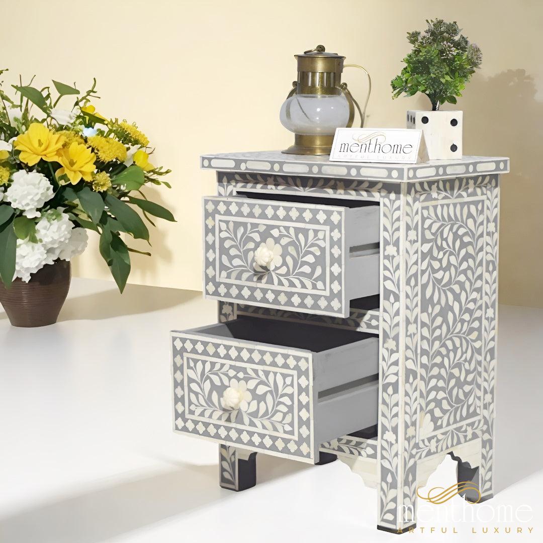 Bone Inlay Grey Floral 2 Drawer Nightstand | Luxury Handmade Bedside Table