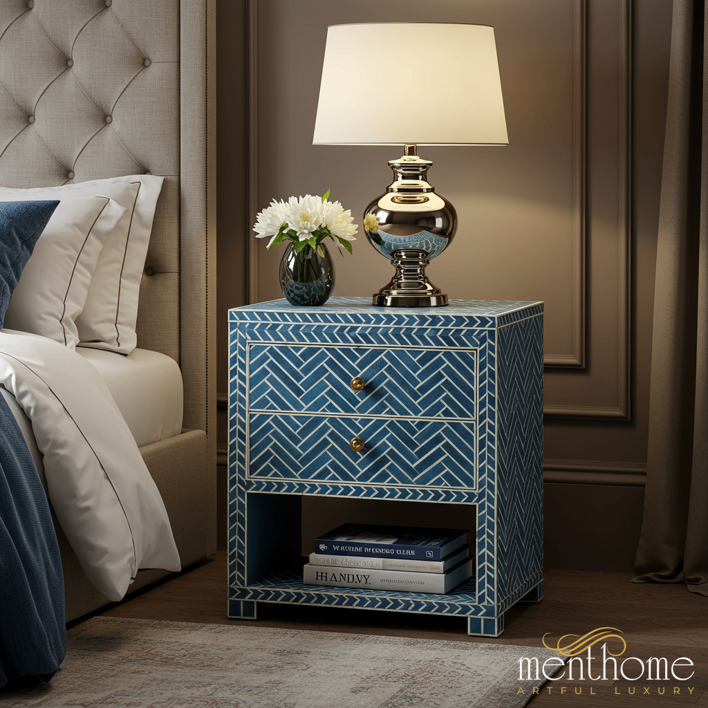Blue Patterned Two-Drawer Nightstand | Luxury Handmade Bedside Table