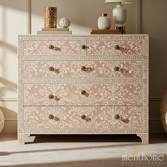 Hand-Painted Pink Floral Pattern Wooden Chest of Drawers | Luxury Handmade Dresser