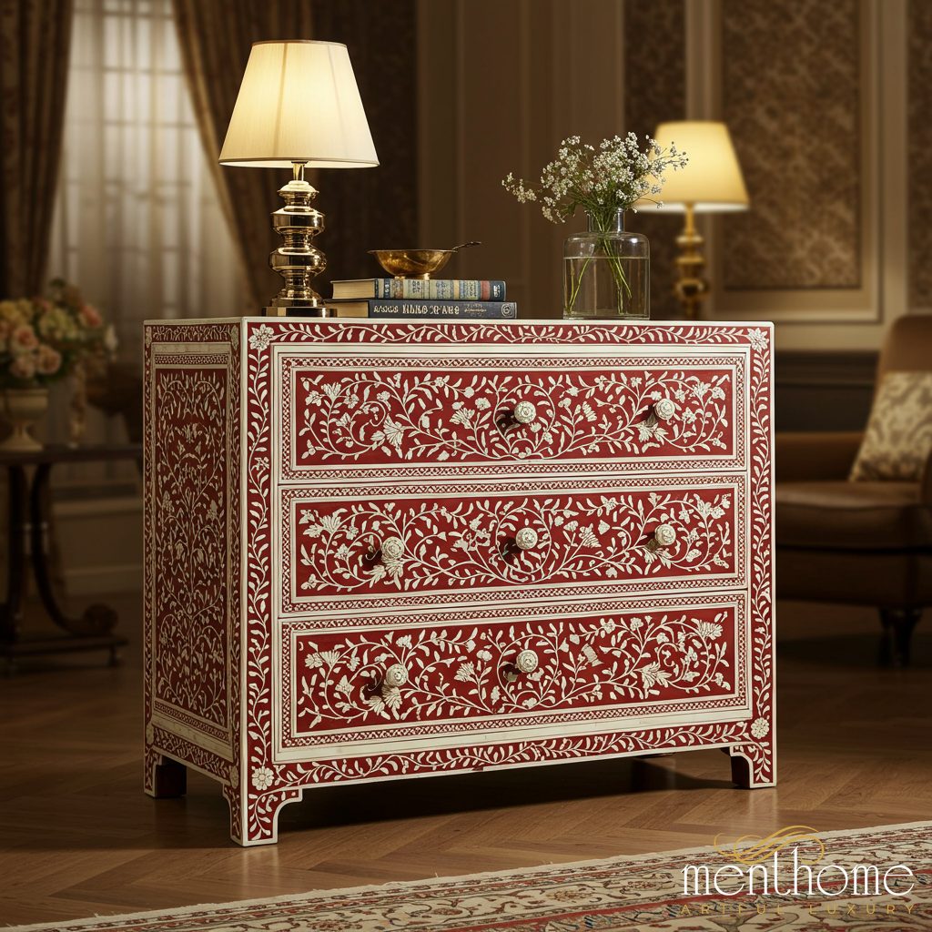 Handcrafted Red and White Floral Inlay Wooden Chest of Drawers | Luxury Handmade Chest of Drawer