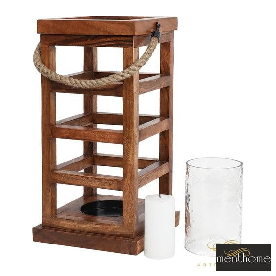 Rectangular Wooden Lantern With Jute Rope Candle Holder | Luxury Handmade Candle Holder