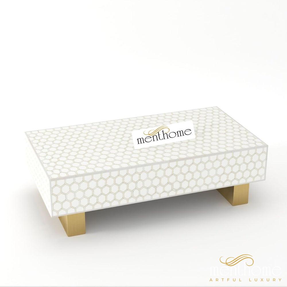 Bone Inlay Rectangular Coffee Table- Honey Comb | Luxury Handmade Coffee Table