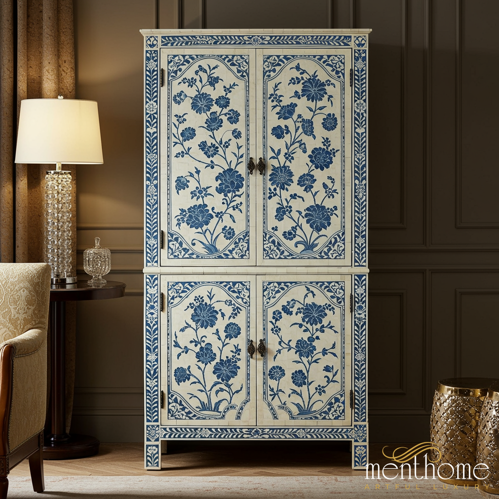 Vintage Blue and White Floral Cabinet | Luxury Handmade Tallboy