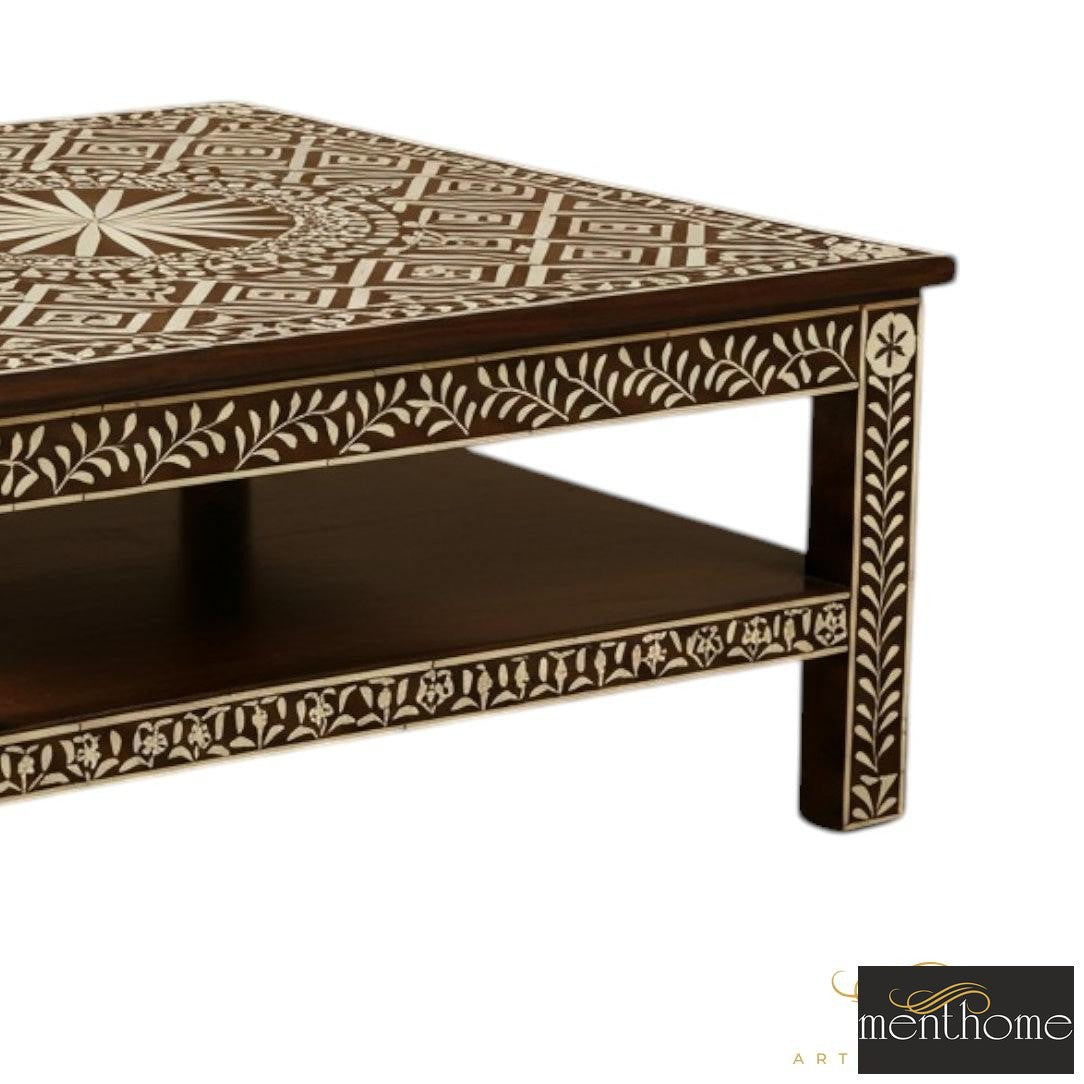 Handmade Bone Inlay Brown Coffee Table Modern Square Furniture | Luxury Handmade Coffee Table