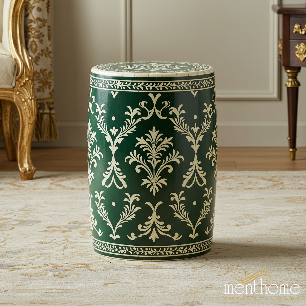 Green and White Floral Patterned inlay Garden Stool | Luxury Handmade Stool