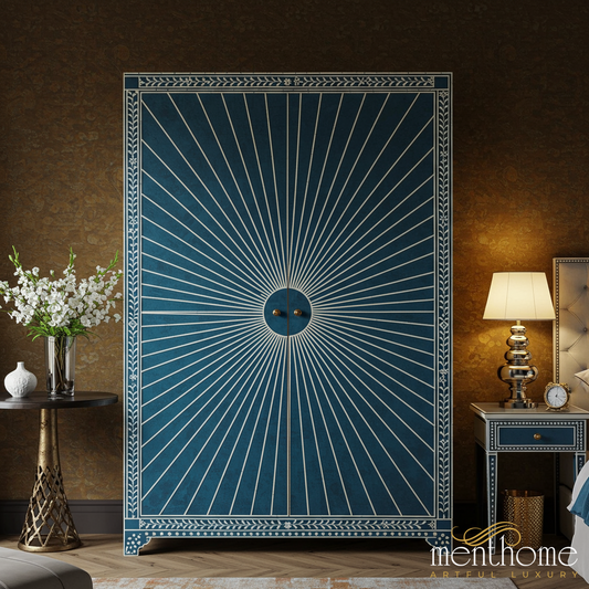 Elegant Blue Sunburst Armoire Wardrobe | Luxury Handmade Wardrobe