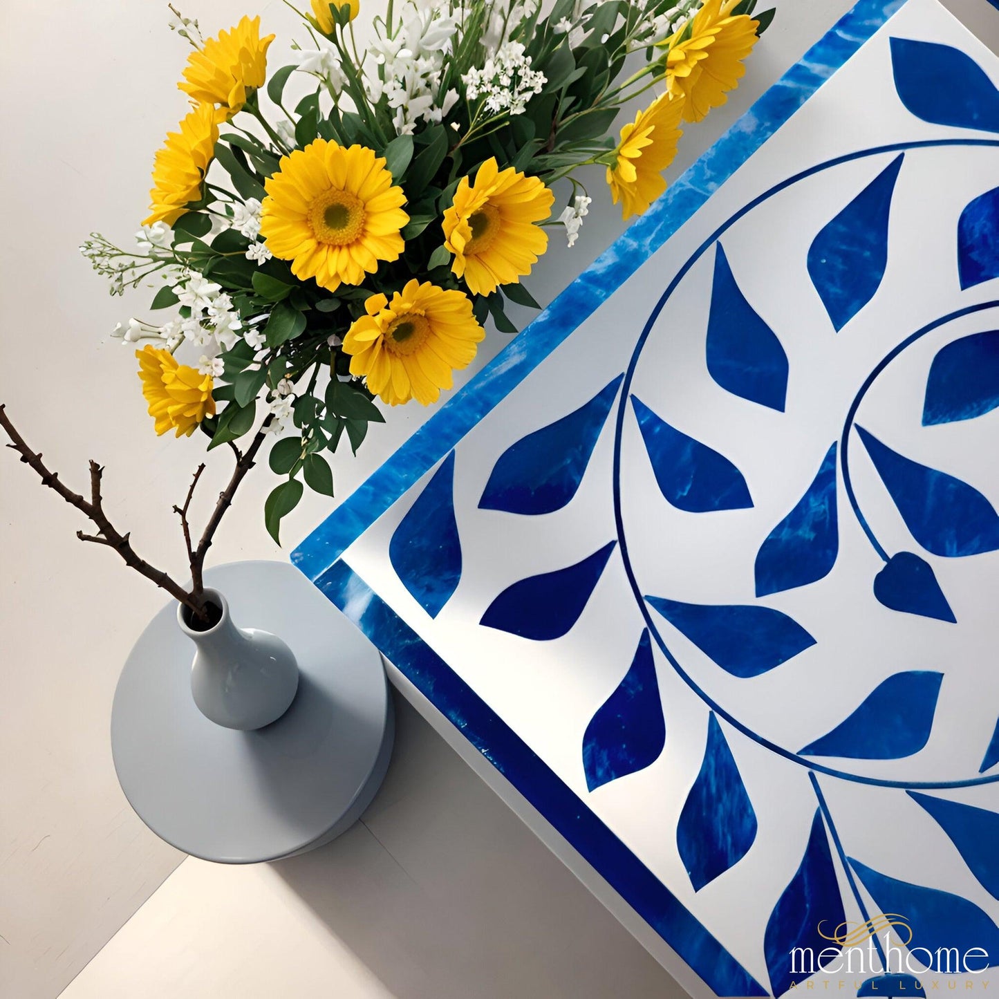 Floral Pattern 2-Drawer Resin Blue Bedside Table | Luxury Handmade Bedside Table
