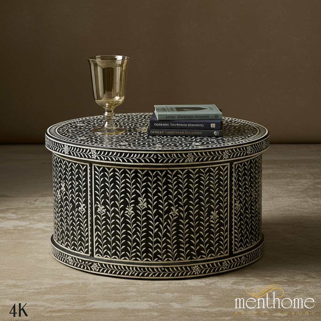 Handcrafted Black and White Floral Patterned Round Table | Luxury Handmade Coffee Table