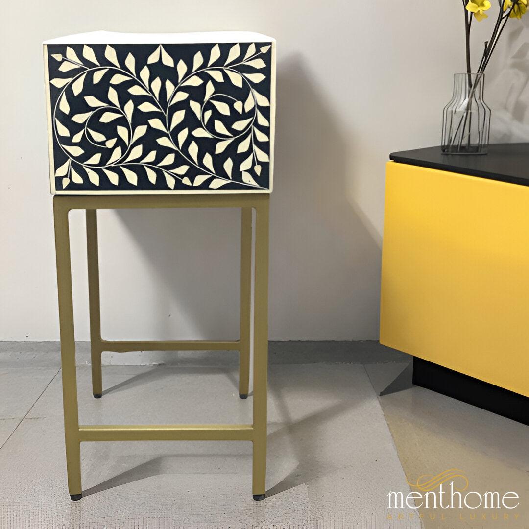 Floral Design Resin 1 Drawer Bedside Table with Brass Stand | Luxury Handmade Bedside Table
