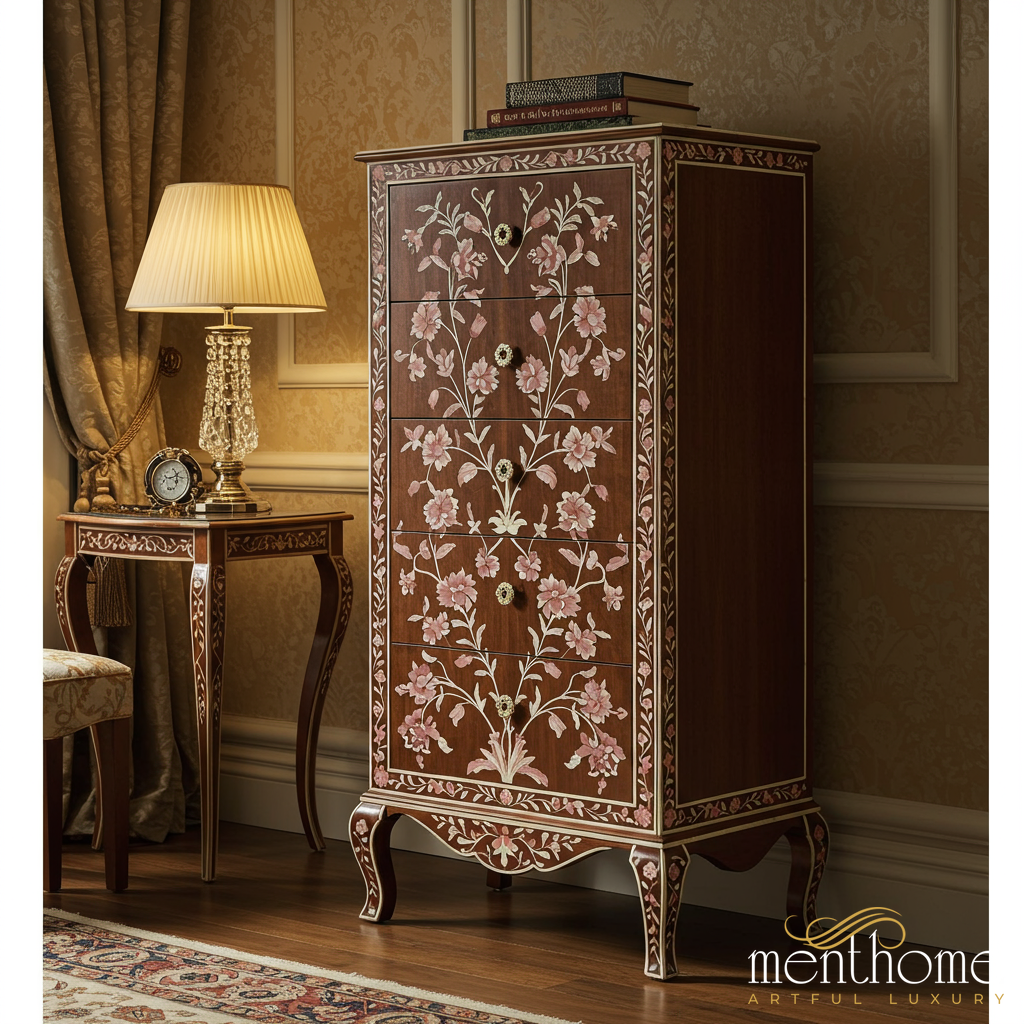 Vintage Floral Inlaid Wooden Cabinet | Luxury Handmade Tallboy