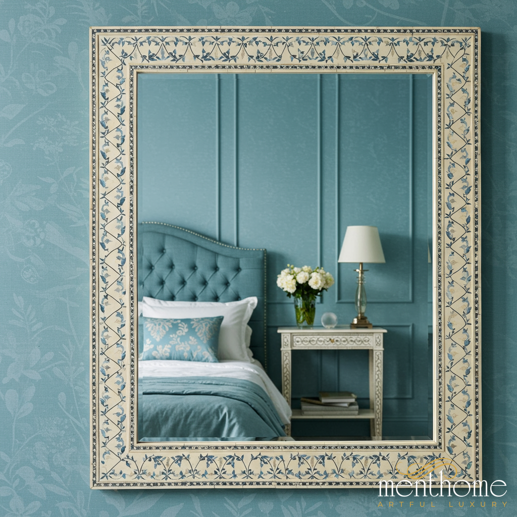 Elegant Floral Pattern Wall Mirror with Ivory and Blue Frame | Luxury Handmade Mirror