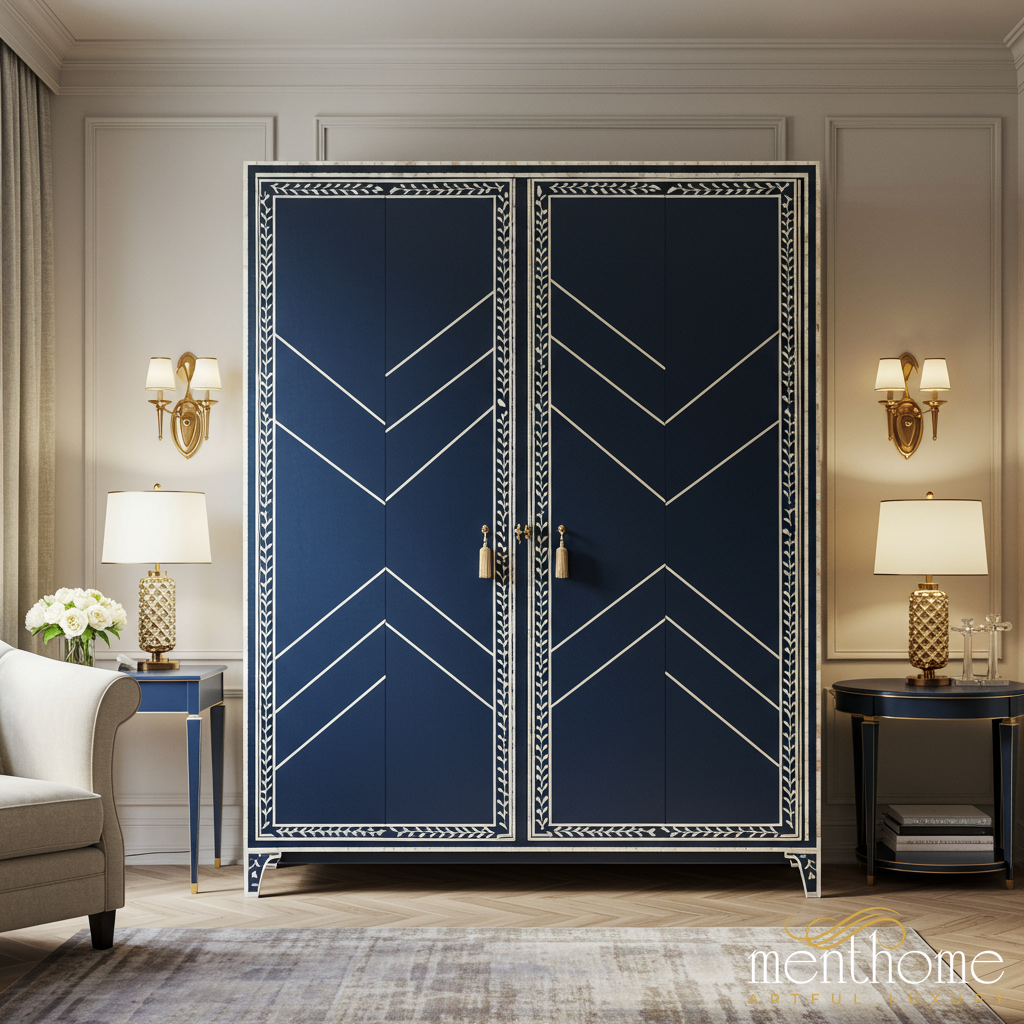 Elegant Navy Blue Wardrobe with Geometric Inlay Design | Luxury Handmade Wardrobe