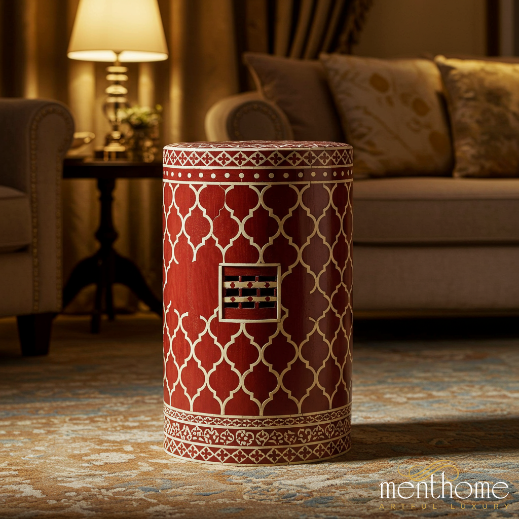 Vintage Red and Gold Patterned Wooden Drum Side Table | Luxury Handmade Stool