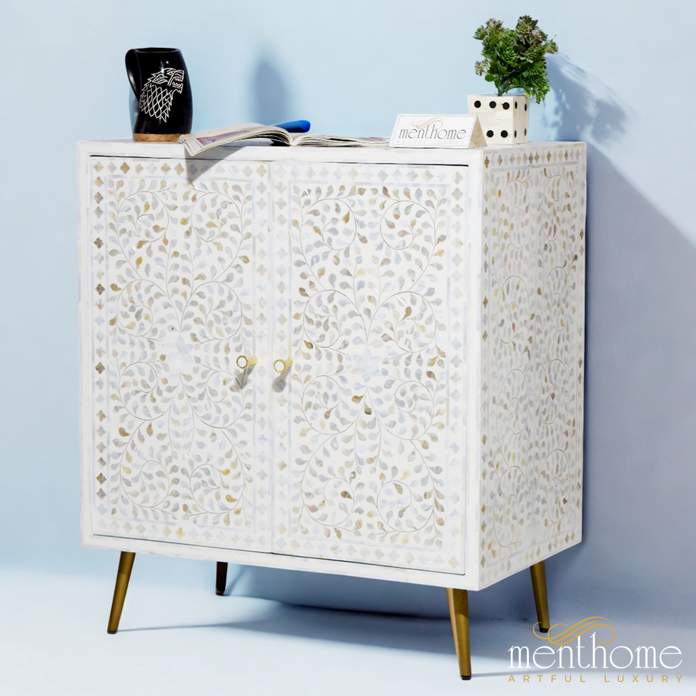 Mother of Pearl 2-door cabinet with brass leg | Luxury Handmade Cabinet
