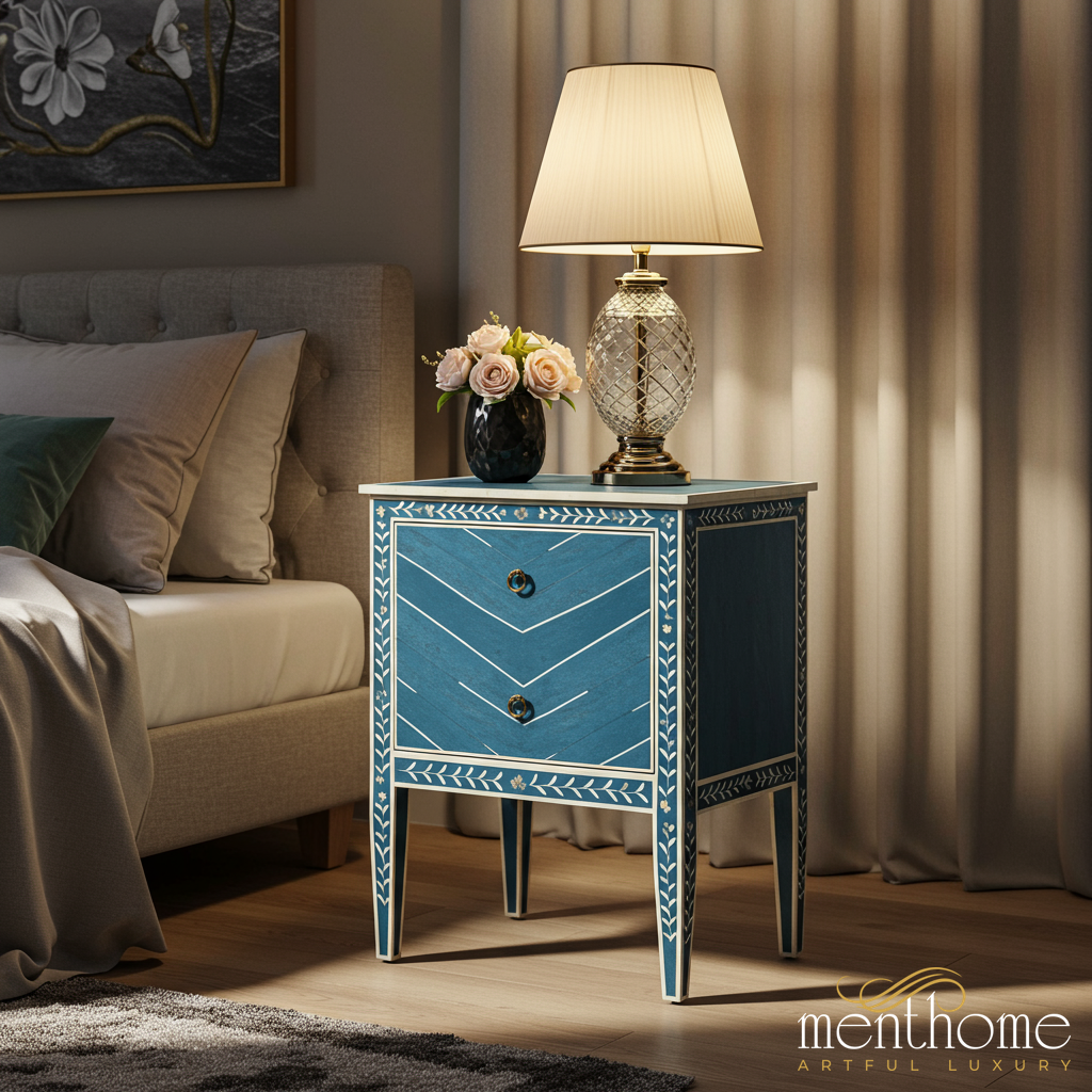 Elegant Blue Wooden Bedside Table with Floral Inlay | Luxury Handmade Bedside Table